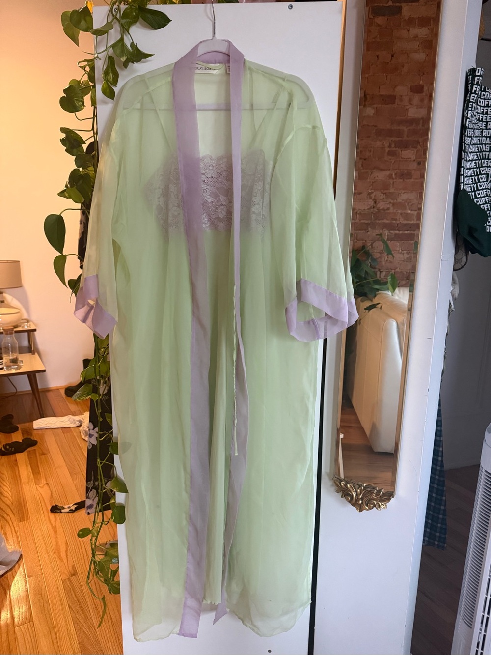 Victoria's Secret Sheer Green Mesh Dress AND Robe with Lavender Trim Vintage